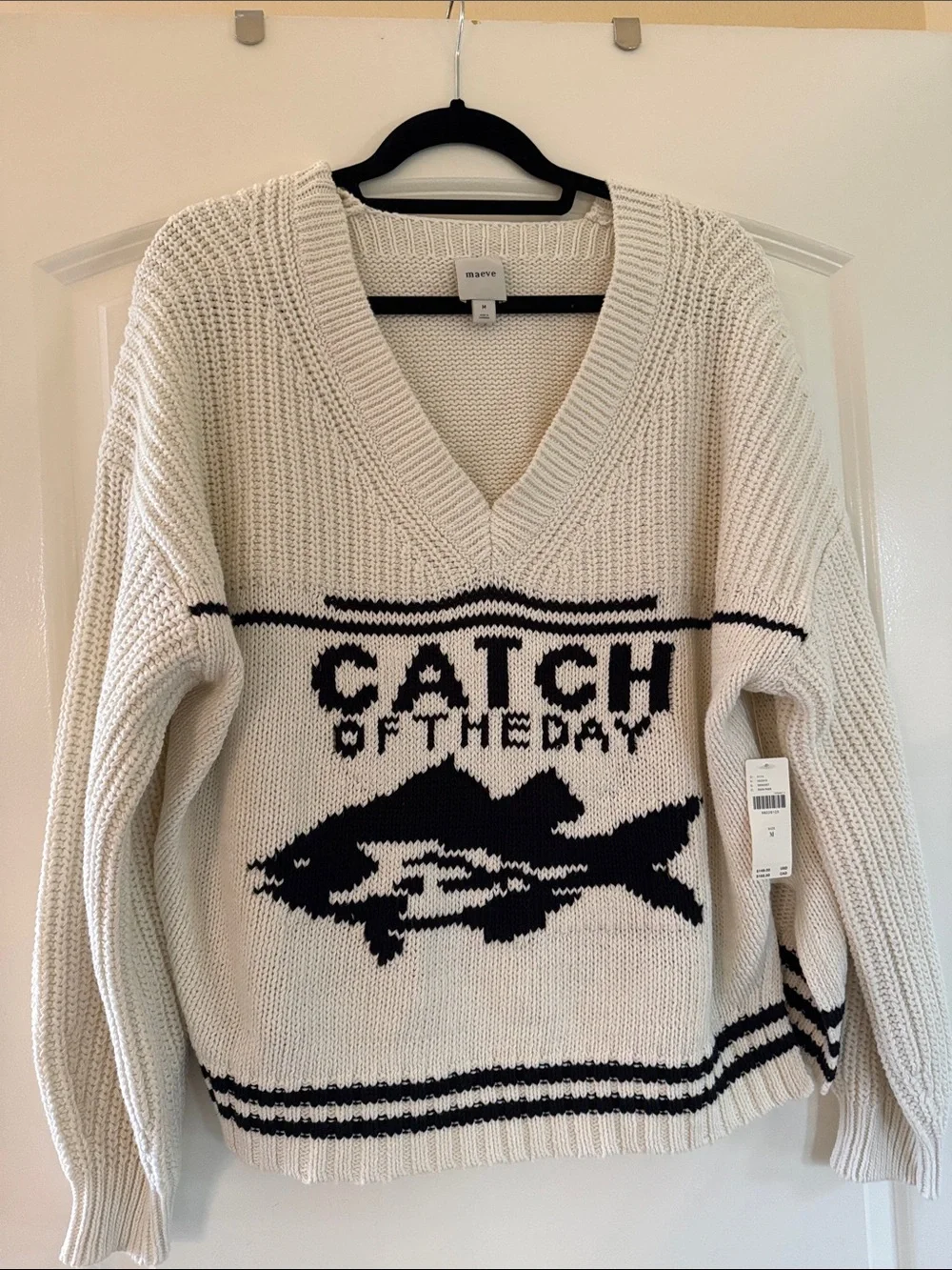 NWT- Maeve Cream V‑Neck Knit Sweater “catch of Day” sz M - Picture 1 of 6